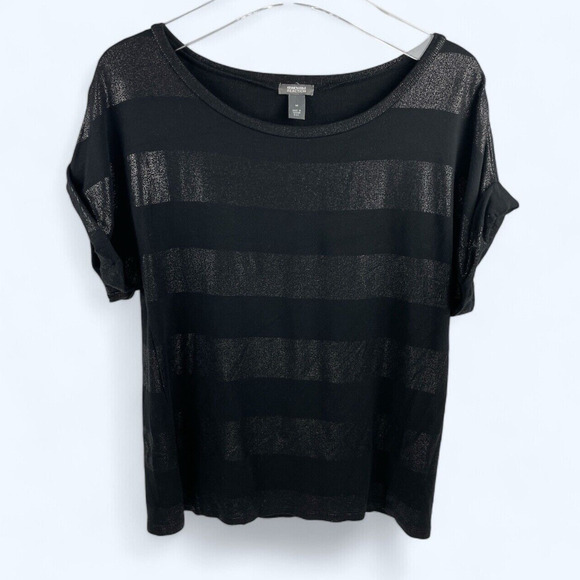Kenneth Cole Reaction Women's Black Stripe Blouse Medium Shiny Cap Sleeves - Picture 1 of 6